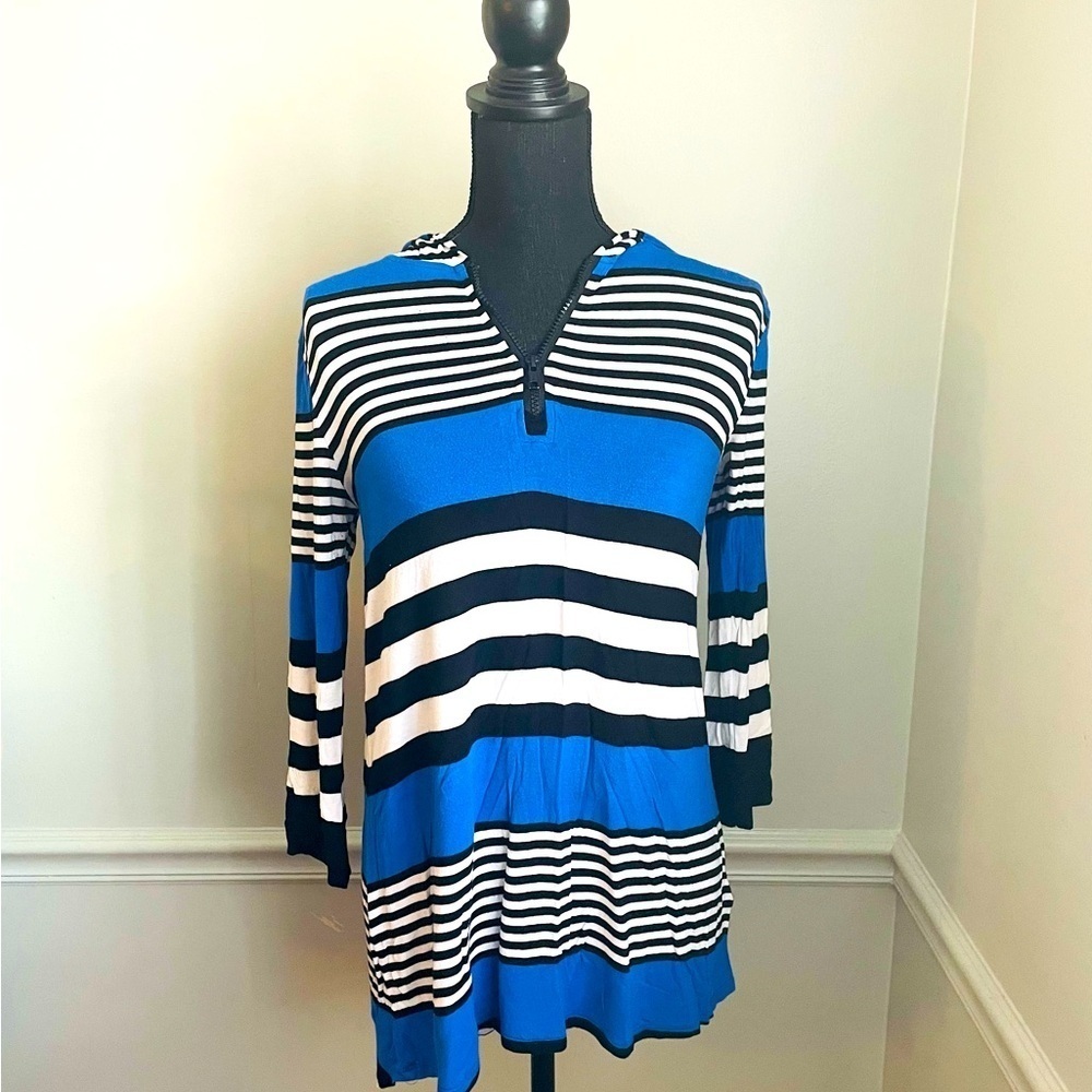 Cable & Gauge Blue Black Stripe Zipper Front 3/4 Sleeves Tunic Blouse Top Size M